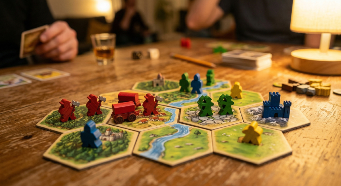 Catan board with the game pieces